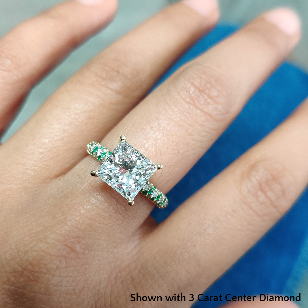 4 Carat Princess Cut Lab Diamond Pave Eternity Engagement Ring With Emerald  In 14K Yellow Gold